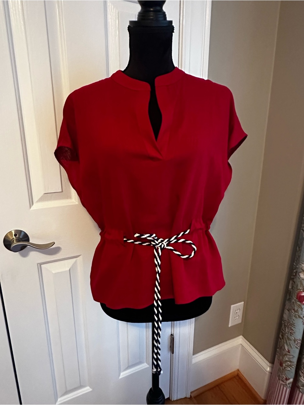 Red Womens Split-Neck Tie-Waist Blouse